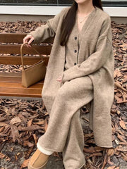 BXOXO Winter French Knitted Suits 3 Piece Set Women Casual Long Cardigan + Vintage Vest + Office Lady Long Pants Korean Fashion