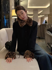 Bxoxo Leopard Fur Collar Patchwork Punk Coat Women Korean Loose Streetwear Fur Jackets Y2K Aesthetic Turn Down Collar Crop Outerwear