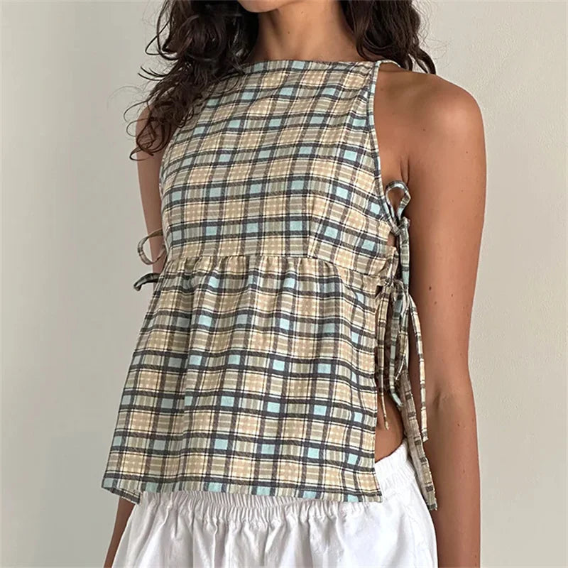 BXOXO Plaid Print Sleeveless Tank Crop Top for Women Summer Party Clubwear Side Split Tie-up Ruched Retro Vest Streewtear