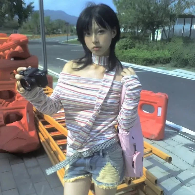 Bxoxo Japanese Style Y2k Sexy T-shirt Off Shoulder Vintage Rainbow Striped Tops Harajuku 2000s Long Sleeve T-Shirt Aesthetics