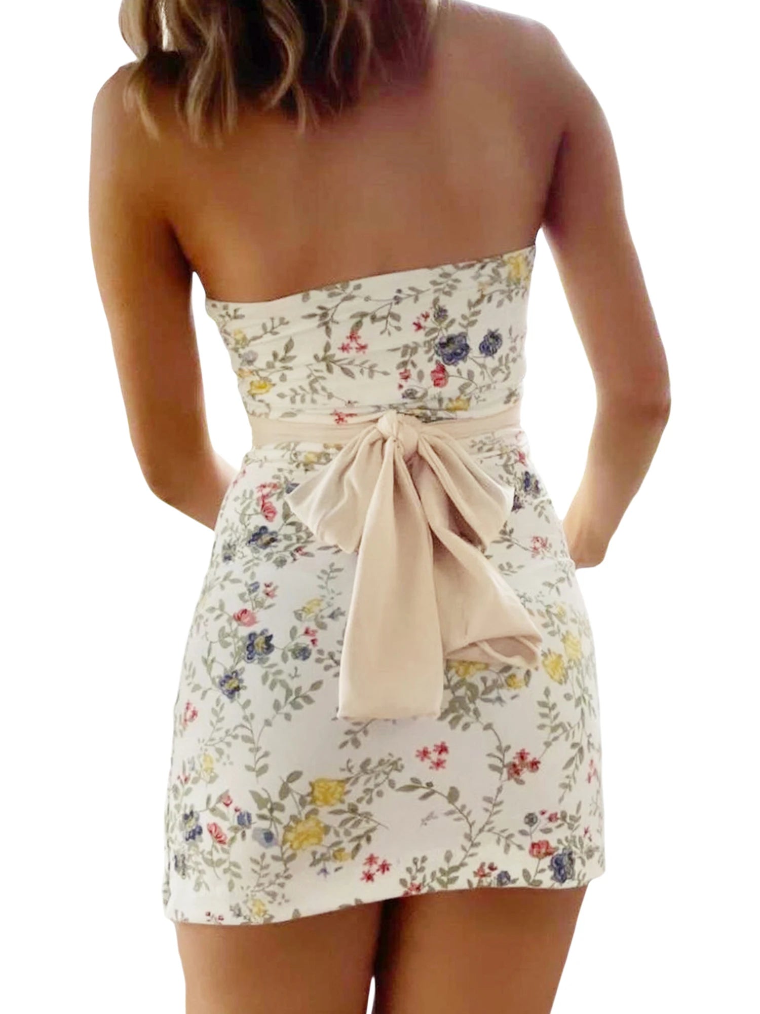 BXOXO Floral Bandeau Tube Top Mini Dress Women Off-Shoulder Strapless Bodycon Party Dress Backless Bow Knotted Vestidos