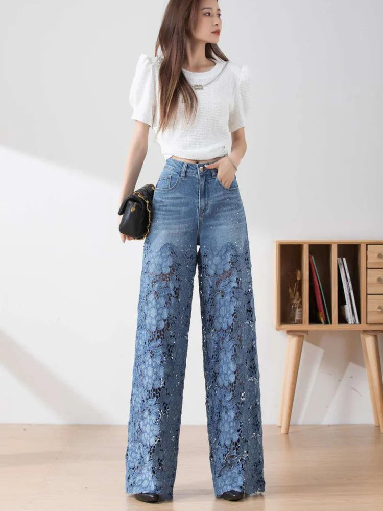 Fashion Elegant Jeans For Women High Waist Lace Patchwork Pantalones Hollow Out Denim Trousers Casual Loose All Match Pants 2024