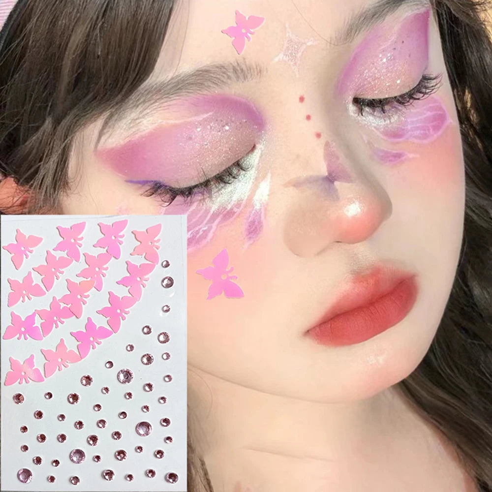 BXOXO Fashon Butterfly Face Stickers Pearl Temporary Tattoo Stickers Waterproof Glitter Eyeshadow Body for Festival Makeup