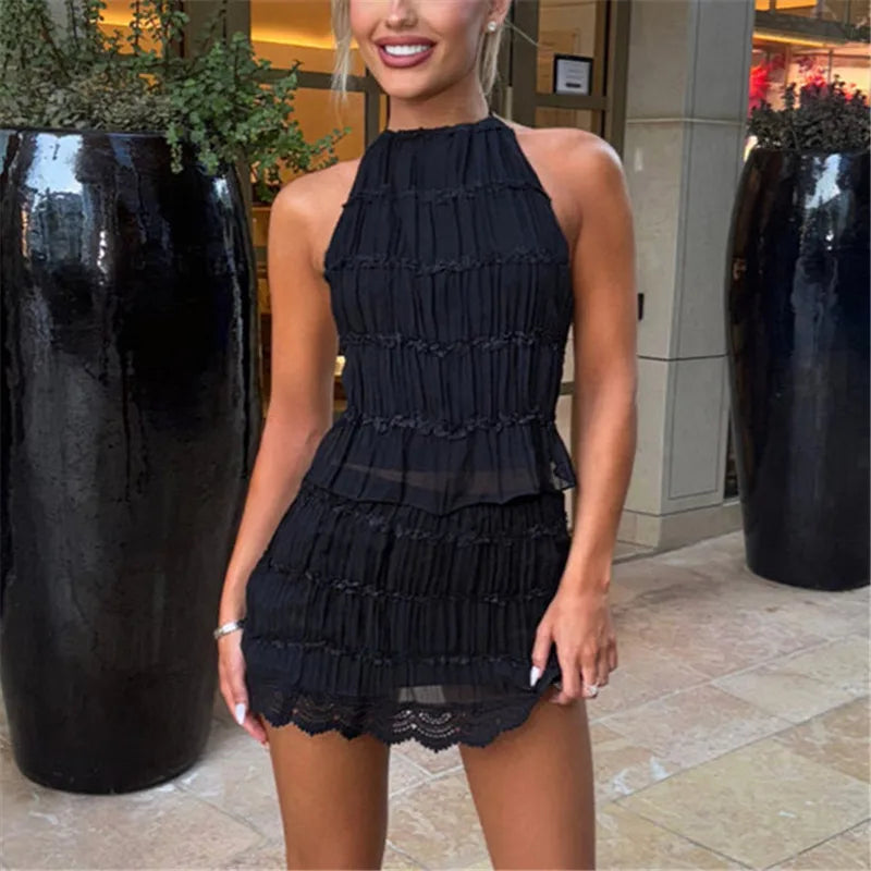 BXOXO Two Piece Skirt Sets for Women Y2k Lace Sheer Mesh Ruched Halter Top Smocked Mini Skirt Summer Beach Matching Outfits