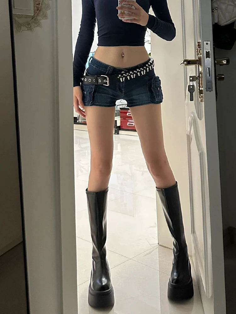 Bxoxo Woman Casual Hot Slim Pants Low Waist Jean Solid Color Wash shorts Goblin Denim Shorts Y2k Classical Sexy Gyaru Dark Academia