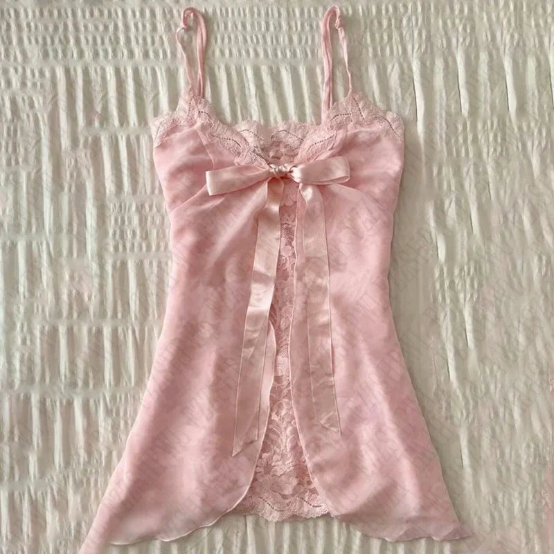 BXOXO Y2k Summer New Solid Sling Tops Kawaii Lace Bow Inside A Sling Vest 90s Aesthetics Crop Top Women Pink Tank Top Fashion Punk Top