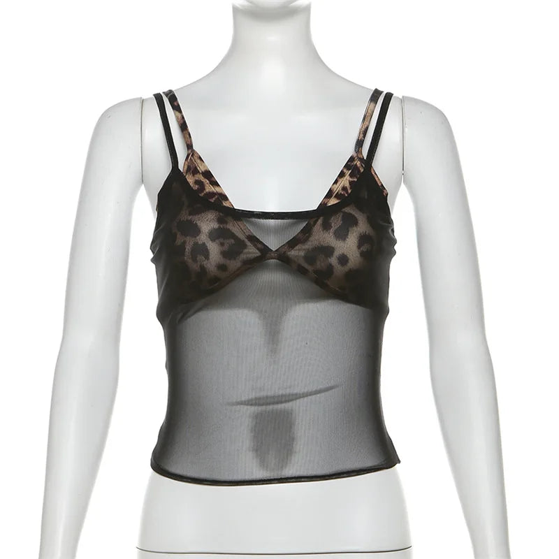Bxoxo 2 Piece Set Tops for y2k Women Clothes Leopard Print Spaghetti Strap Sleeveless Camisole and Tanks 2000s Party Clubwear