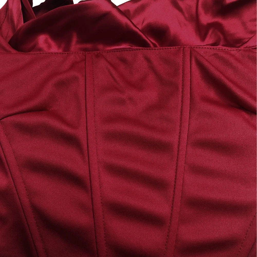 Bxoxo Wine Christmas Dress Women Satin 2 Piece Dress Set Elegant Bodycon Corset Cropped Top and Long Skirt Women Clothing