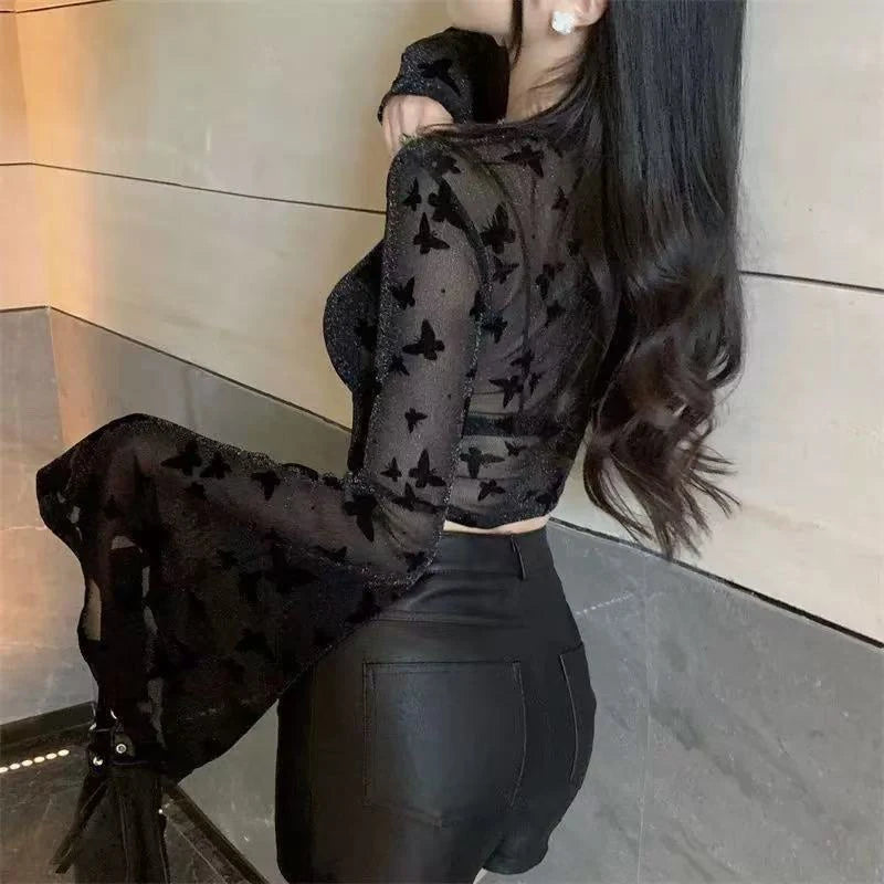 Bxoxo Sexy Mesh See Through Crop T Shirt Women Korean Butterfly Embroidery Lace Bottoming Tops Y2K Fashion Bell Sleeves Black Tees