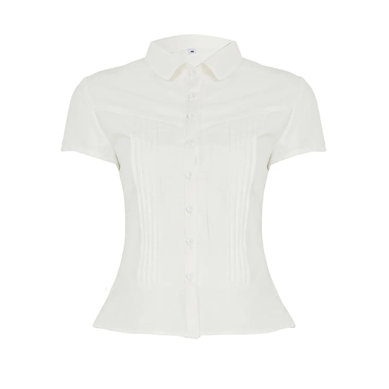 BXOXO Solid Folds Blouse for Women Casual Short Sleeve Button-up Crop Tops Y2k Streetwear Shirts Korean Fashion Summer T-shirt
