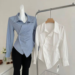 Bxoxo Blue Striped Shirts Women Vintage Elegant Irregular Waist White Blouses Ladies Korean Long Sleeve Chic Buttons Slim Design Tops