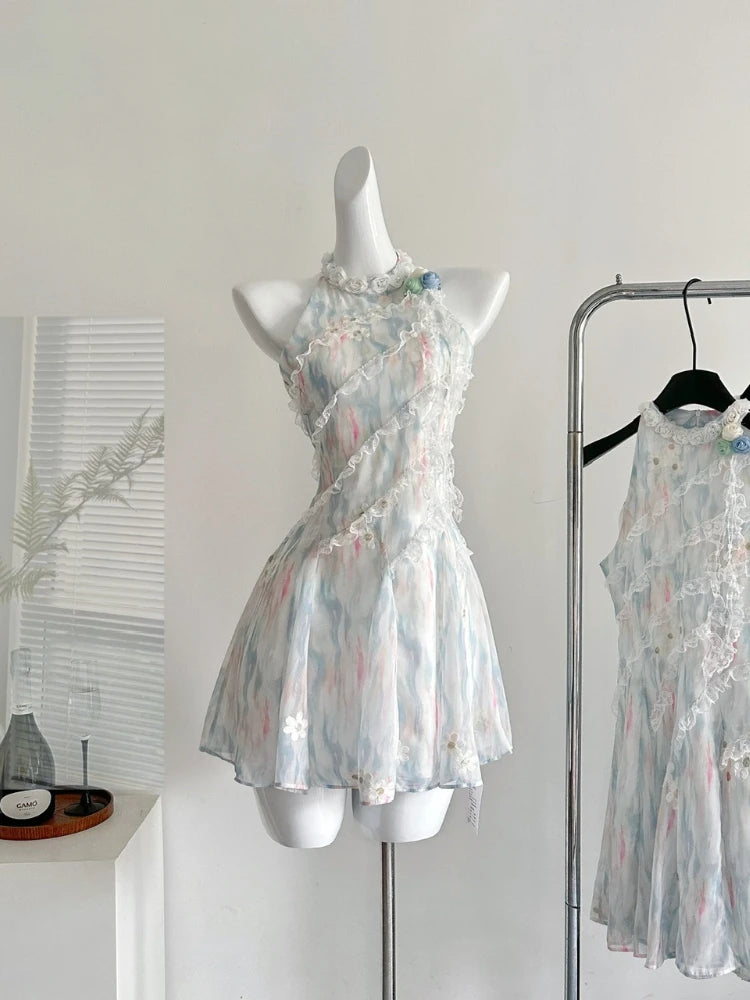 BXOXO Summer French Elegant Original Design Mini Dress Women Print Lace 3D Floral Halter Party Dress Casual Chic Pretty Clothing