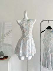 BXOXO Summer French Elegant Original Design Mini Dress Women Print Lace 3D Floral Halter Party Dress Casual Chic Pretty Clothing
