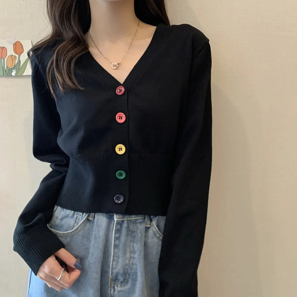 Bxoxo Autumn and Winter Little Fresh Colorful Buttons Younger Slim-Fit Slimming V-Collar Cardigan Long-Sleeved Sweater Top for Women
