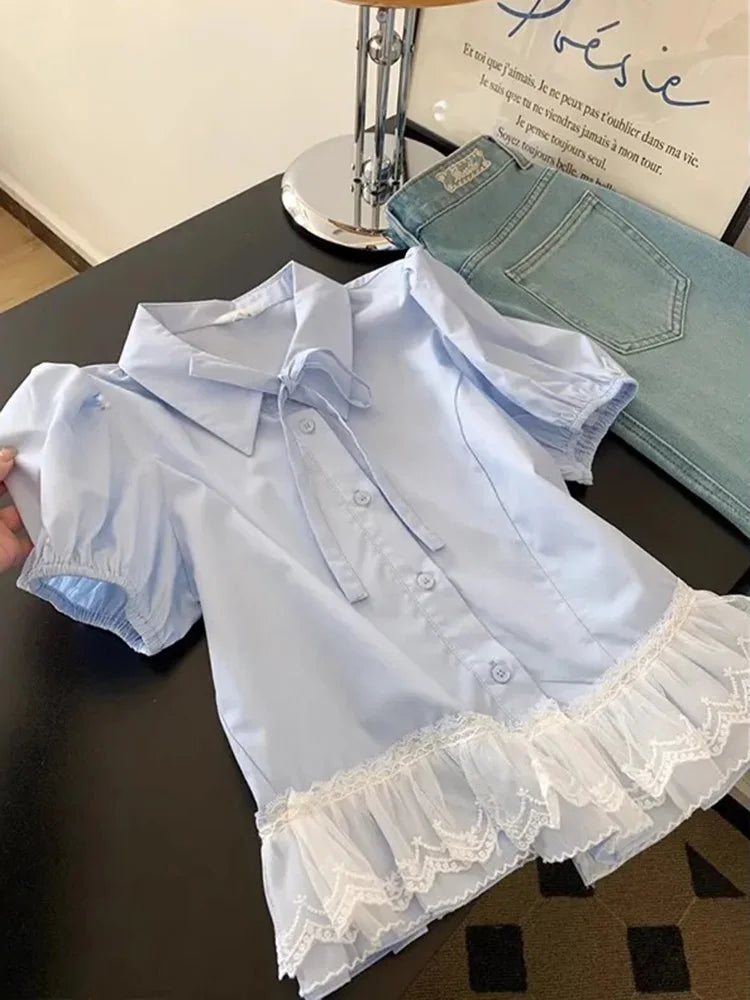 BXOXO Casual Sweet Blue Shirt Women Cute Lace Patchwork Bow Blouse Vintage French Preppy Style Short Sleeve Elegant Kawaii Tops