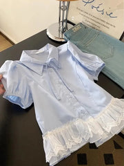 BXOXO Casual Sweet Blue Shirt Women Cute Lace Patchwork Bow Blouse Vintage French Preppy Style Short Sleeve Elegant Kawaii Tops