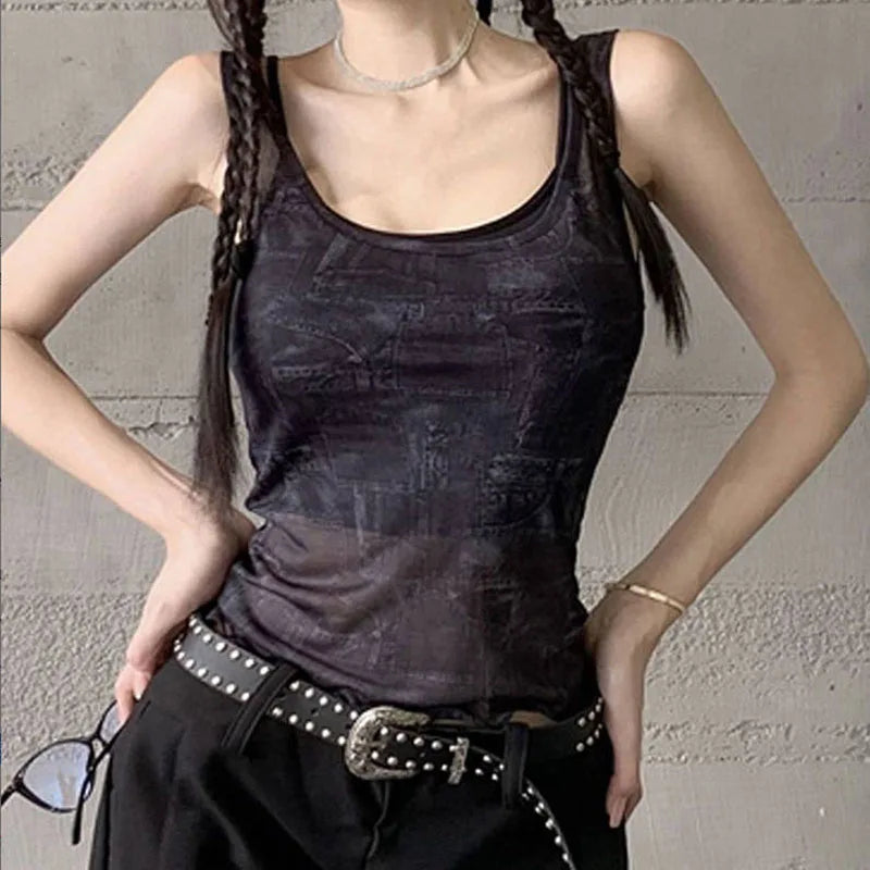 BXOXO Women's Summer Fitted Crop Tops Y2K Vintage Sleeveless U Neck Open Back Vintage Pattern Print Tank Tops E-Girl Streetwear