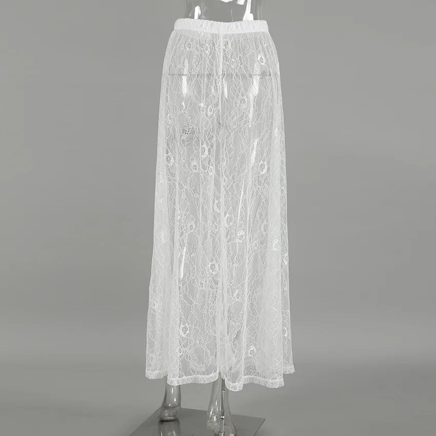 Bxoxo New Jacquard Lace Sheer Long Skirt Women Elastic Waist White Sexy Transparent Maxi Skirts Female Streetwear Fashion Faldas Jupe