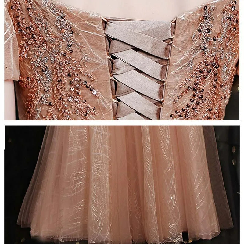 BXOXO Elegant Party Dress Square Collar Short Sleeve Slim Banquet Dresses Women Sexy Backless Evening Dress Gold Puffed Sleeve
