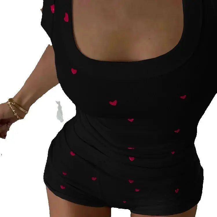 BXOXO Casual Heart Print 2 Piece Set Women Square Collar Sleeveless Crop Tops+Stretch Shorts Sweet Girls Comfy Fashion Outfits