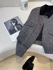 Bxoxo Fashion Patchwork Tweed Coats Women Y2K Korean Elegant Hepburn Style Lapel Crop Jacket Autumn Streetwear All Match Outwear New