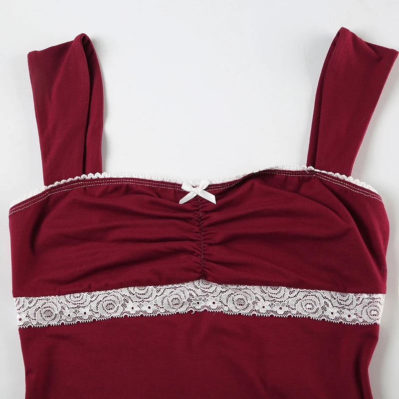 BXOXO Vintage 90s Red Square Collar Crop Top Cute Bow Stitching Sleeveless Skinny T-shirt Women Harajuku y2k Tees Summer Casual