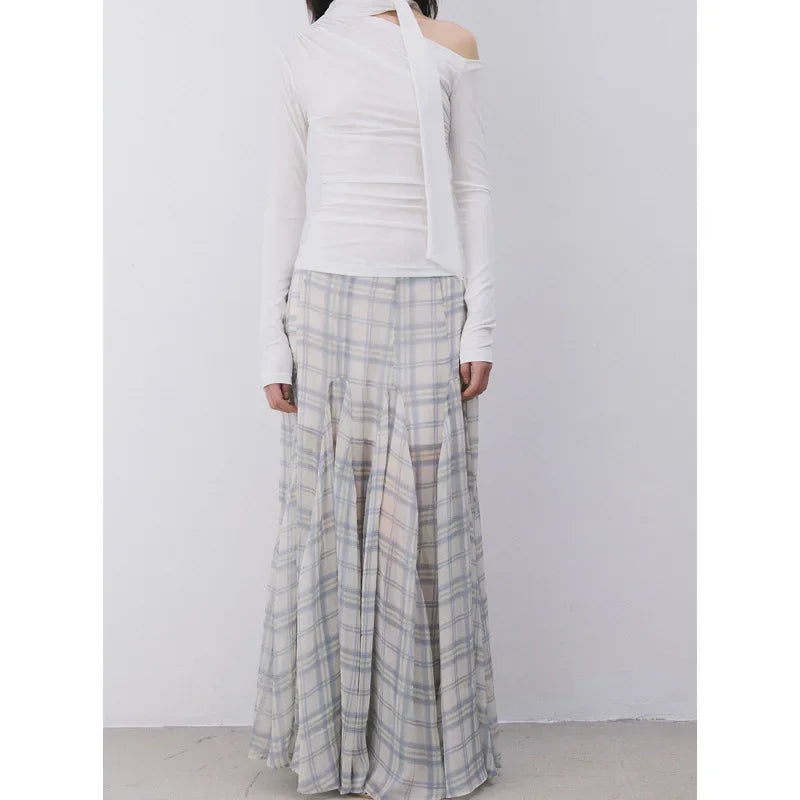 Bxoxo Gentle Checkered Fish Tail Skirt Semi-Transparent Soft Tulle Design Asymmetrical Half-length Polyester Fiber Grid Pattern