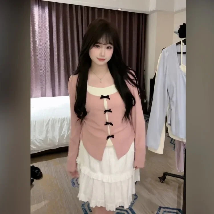 BXOXO Fashion Fake Two Piece Square Collar Tops Women Y2k E-Girl Slim Fit Bow T-shirts 2025 Spring New Long Sleeve Tee Shirt