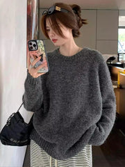 Bxoxo Streetwear Loose Gray Sweaters Women Long Sleeve Vintage Simple Knitted Pullover Korean Fall O Neck Female Retro Jumpers