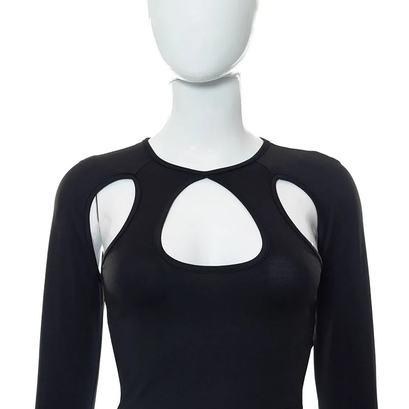 Bxoxo Summer Long Sleeve Cropped Corset Women Top Sexy Aesthetic Club O Neck Fairy Grunge Black Women's T-Shirt