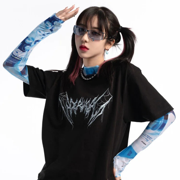 BXOXO Cyberpunk Ice Silk Sun Protection Mesh T-shirt for Women 2025 Summer New Blue Tie Dye Tee Shirt Y2k E-Girl Long Sleeve Tops