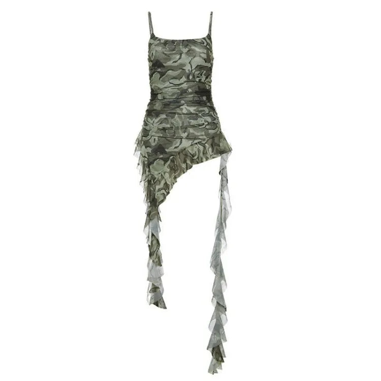 BXOXO Camouflage Print All-match Camisole Tops Sexy Irregular Slim Fit Ruffles Tank Top 2025 Summer New Ruched Vest for Women Dress