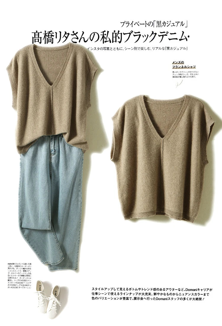 Bxoxo Cashmere Vest Ladies New 100%Pure Wool Knit Waistcoat Spring V-Neck Large Size Sweater Wild Sleeveless Vest Solid Loose Top