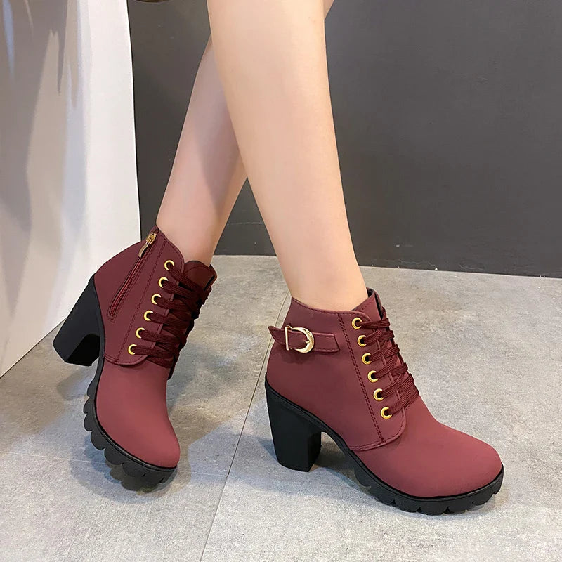 BXOXO Boots Women Shoes Women Fashion High Heel Lace Up Ankle Boots Ladies Buckle Platform Artificial Leather Shoes bota feminina