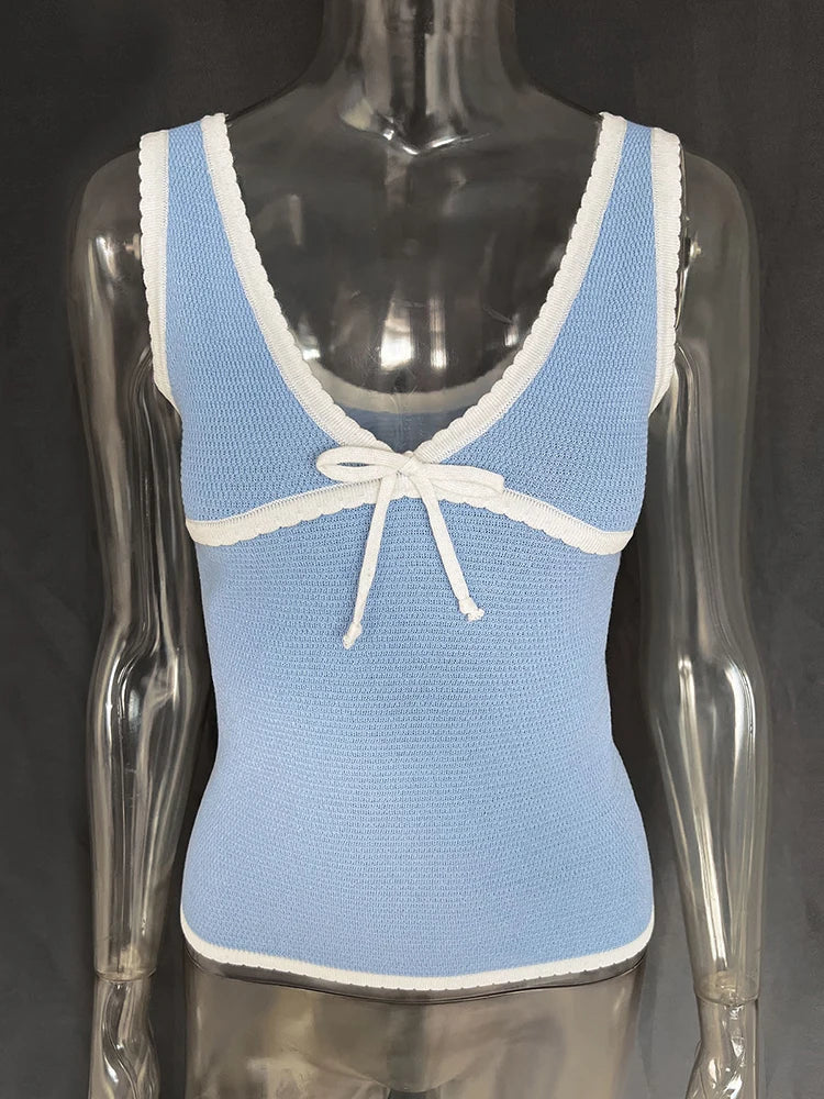 Bxoxo Knitted Deep V-neck Bow Women Crop Top Blue Patchwork Spaghetti Strap Tank Top Female Spring Slim Casual Streetwear 2024