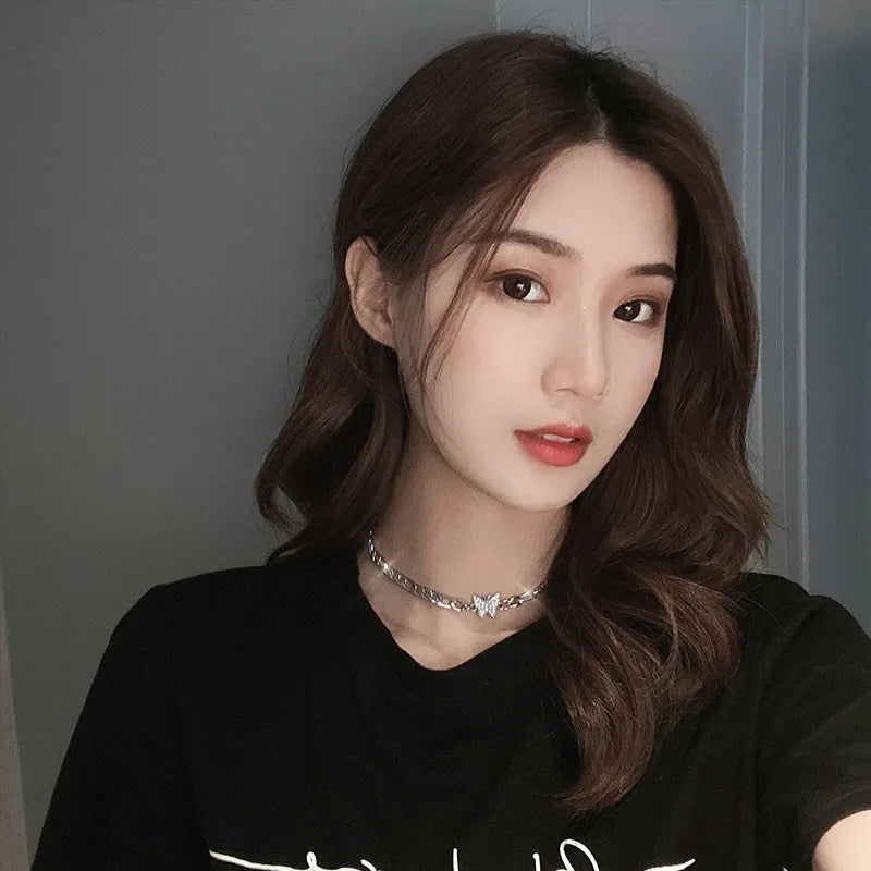 BXOXO Hip Hop Silver Color Butterfly Necklace Vintage Crystal Butterfly Thick Chain Choker Necklace For Women Rock Street Jewelry