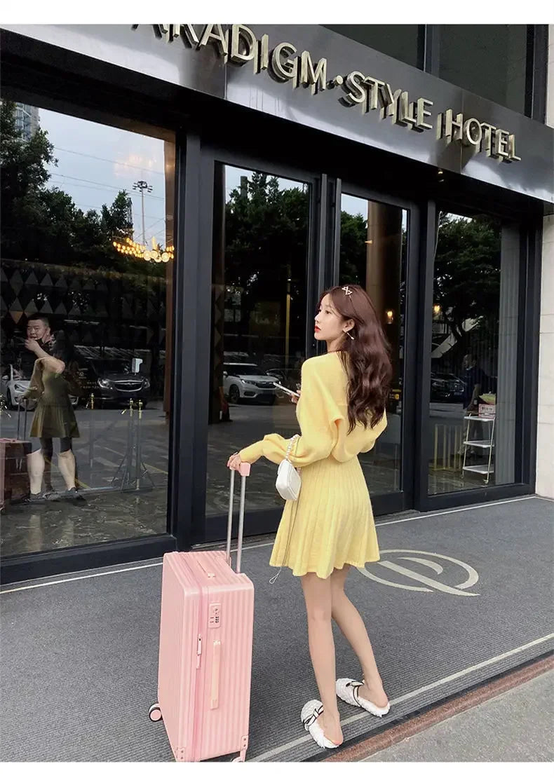 Bxoxo  Korean Autumn Winter Sweet Knitted Two Piece Dress Set Women Strap +Casual Coat Dress Set Style Solid Dress Suit