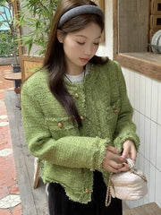 Bxoxo Sweet Green Tweed Jackets Women Vintage Long Sleeve Casual Coat Korean O Neck Fall Winter Retro All Match Elegant Outwear Tops