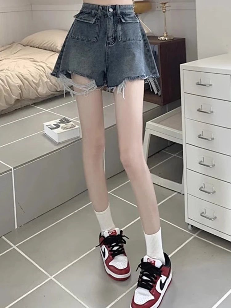 BXOXO Ins Lady High Waist Denim Wide Leg Shorts Girls Trashy Y2k 2000s Short Ripped Pants Female Blue Korean Loose Hot Jeans Plus Size