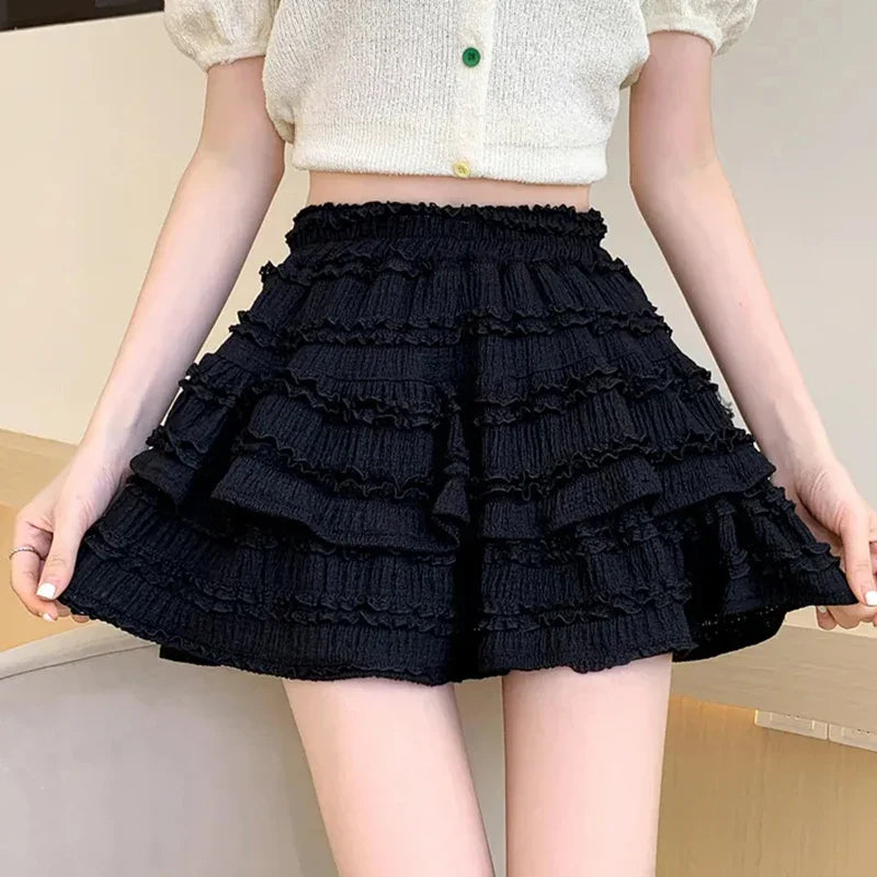 BXOXO Sweet Cute Lace Mini Skirt Women Kawaii White Ruffles Pleated Skirts Summer Korean High Waist Black Casual A Line Skirt