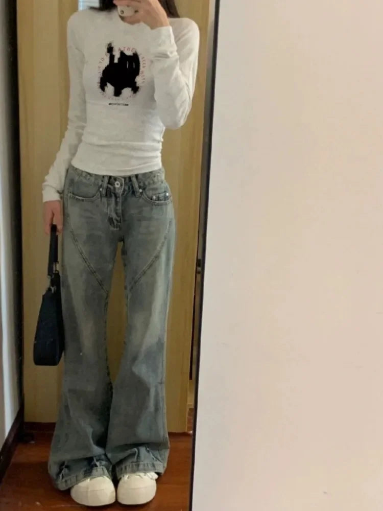 BXOXO New Fashion Kawaii Cat Print Grunge T-shirts 2025 Autumn Sweet Flower Grey Crop Top Women Y2k Aesthetic Al Match Harajuku Tees