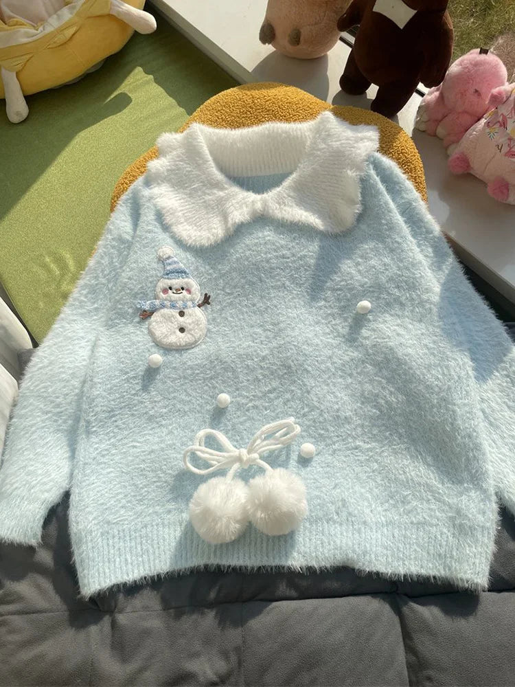 Bxoxo Sweet Faux Mink Cashmere Sweaters Women Kawaii Snowmen Long Sleeve Knitted Pullover Casual Cute Preppy Style Chic Loose Jumpers