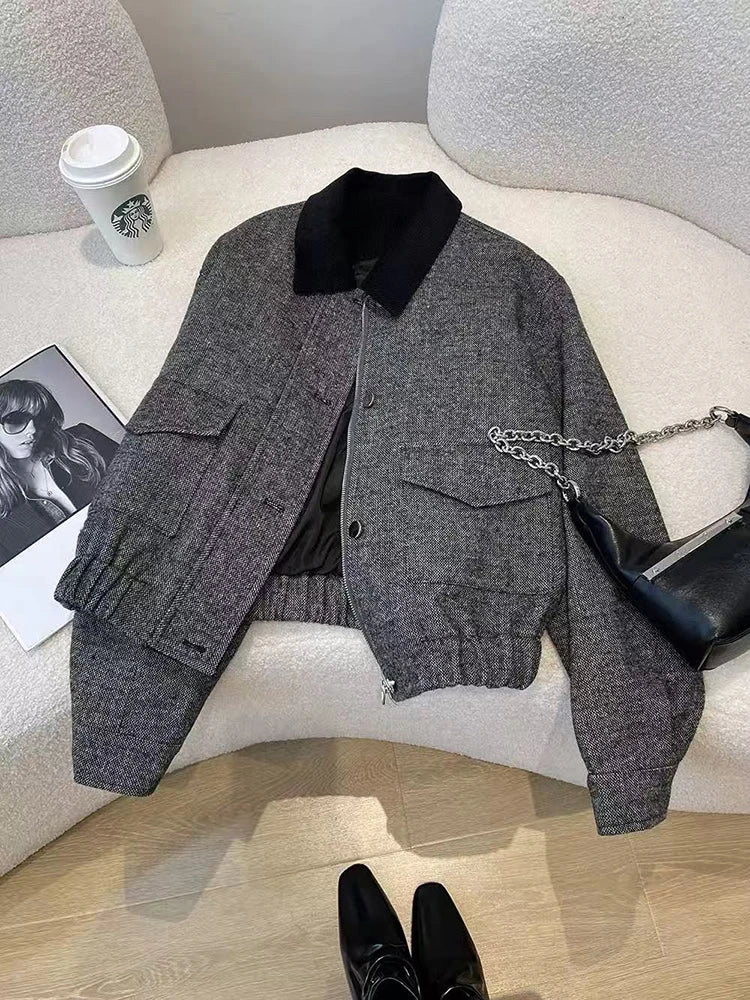 Bxoxo Fashion Patchwork Tweed Coats Women Y2K Korean Elegant Hepburn Style Lapel Crop Jacket Autumn Streetwear All Match Outwear New