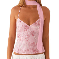 BXOXO Sequin Halter Crop Tops for Women Y2k Pearl Embellished Cami Tops Summer Glitter V Neck Rhinestone Camisole Tank Shirt