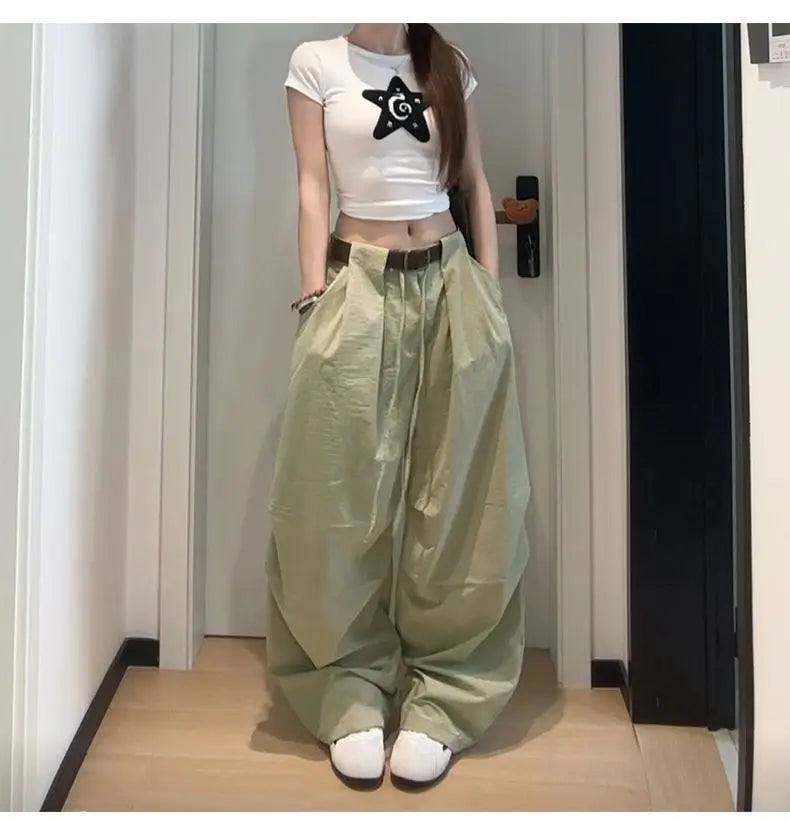 Bxoxo White Basic High Waist Wide Leg Women Pants Solid Color Korean Fashion Parachute Trousers Baggy Lace Up Youthful Summer