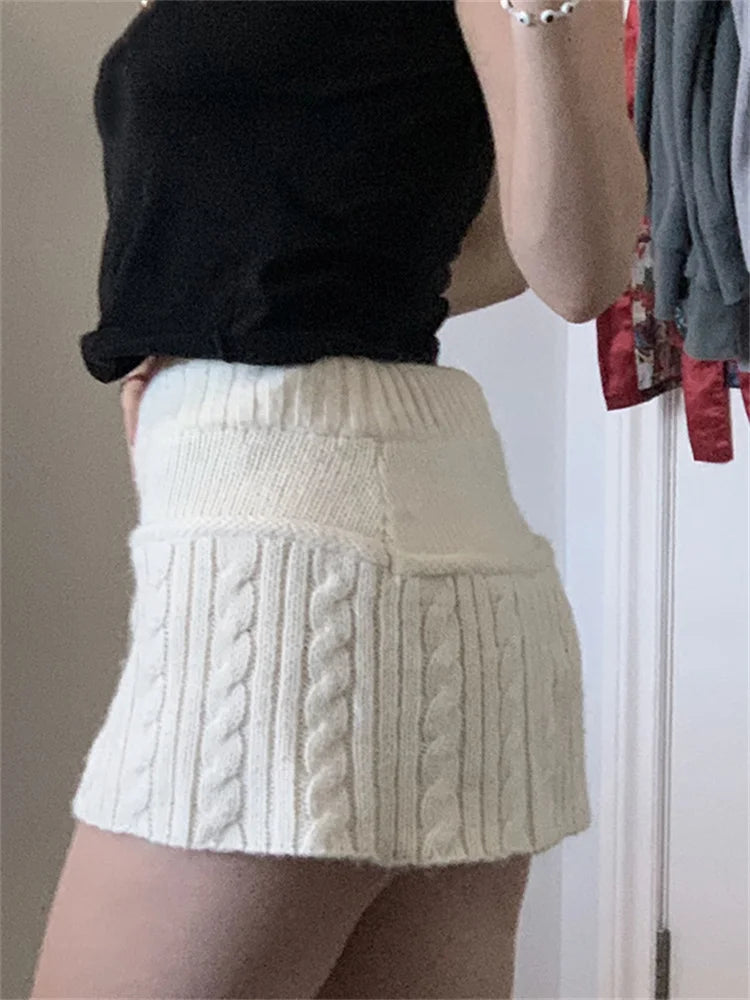 BXOXO Y2k Knitted Short Skirt Preppy Style Cute Young Girl Streetwear Aesthetic Fairycore Drawstring Women Skirts Fall Winter Clothing