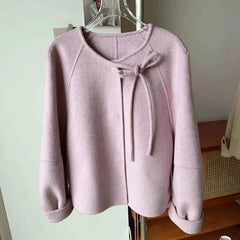 Bxoxo Fashion Faux Wool Black Coat Women Korean Thickened Bow Lace Up Casual Jacket Y2K Autumn Loose Streetwear Female Blends Outwear