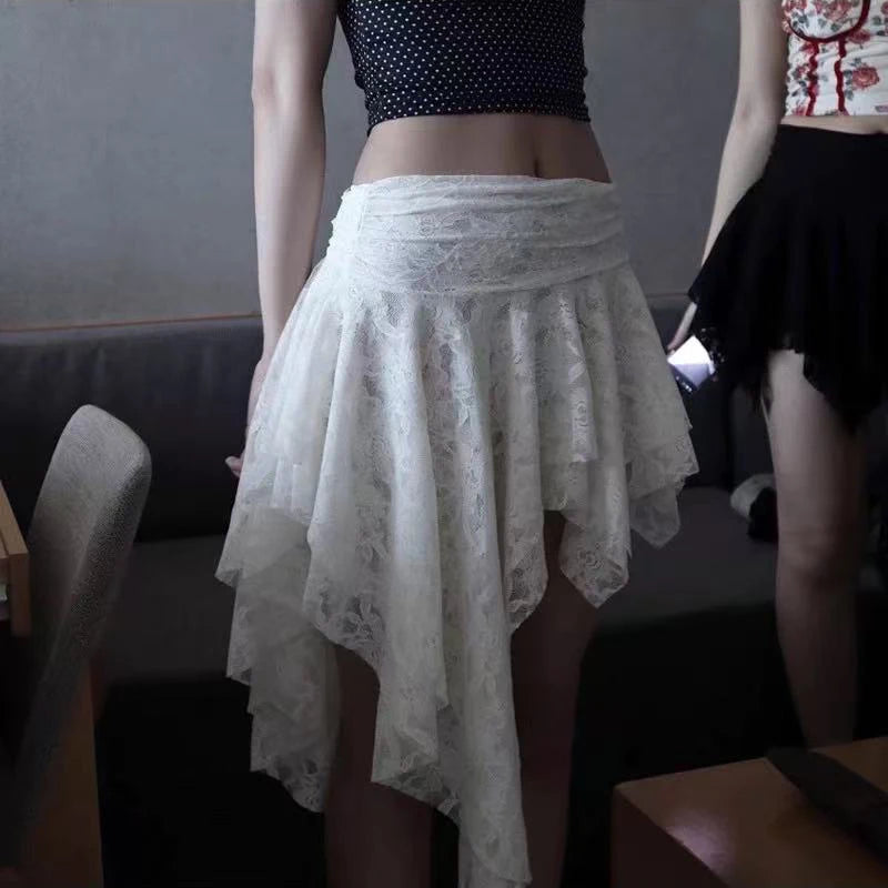 Bxoxo Y2K Asymmetrical Women Lace Skirts Fashion Streetwear Ruffle Mini Skirt Korean Harajuku Gothic Dark Series Punk Stitching Skirts