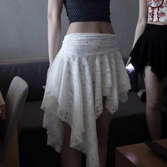Bxoxo Y2K Asymmetrical Women Lace Skirts Fashion Streetwear Ruffle Mini Skirt Korean Harajuku Gothic Dark Series Punk Stitching Skirts
