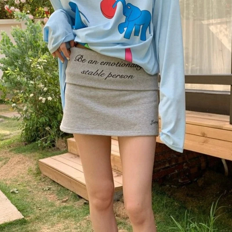 Bxoxo Korean Style Letter Print Mini Skirt Women Vintage Black Sexy Wrap Skirt Gray Y2k Casual Slim Up A-line Short Skirts